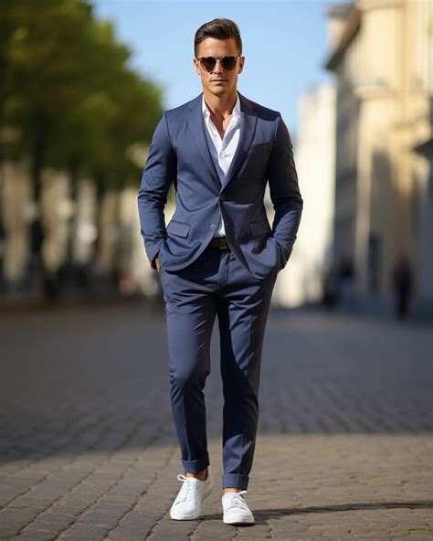 blue suit with white shoes.